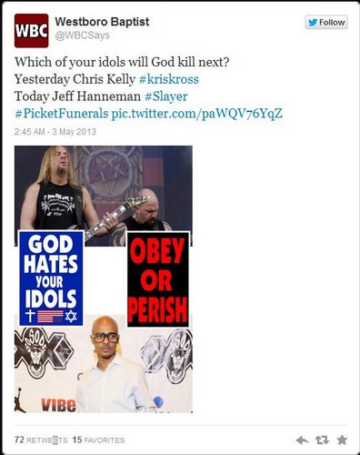 Баптистская церковь заявляет, что гитариста Slayer убил бог!