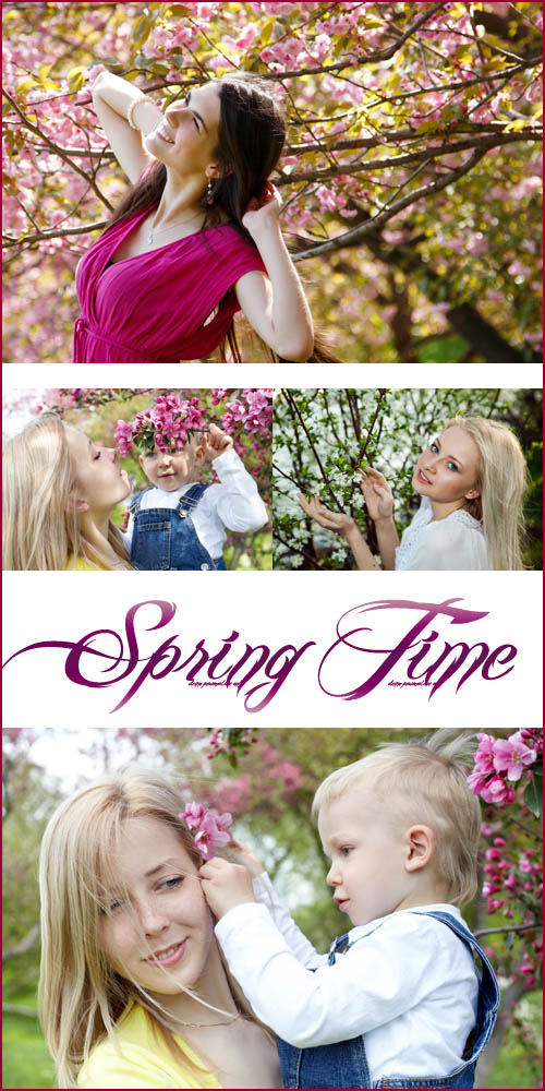     / People in spring blossoming trees - Stock photo