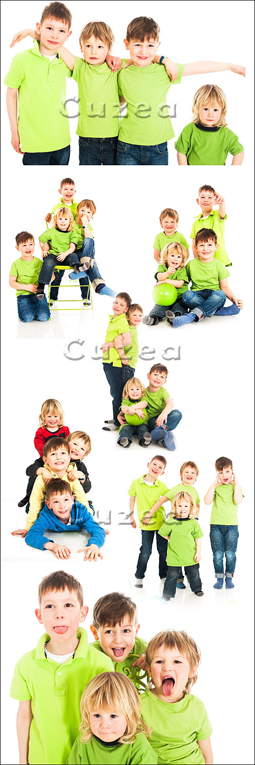       / Children in green undershirts on a white background - stock photo