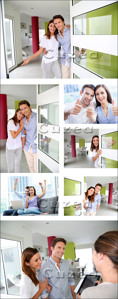       /  Cheerful couple inviting people to enter in home - stock photo